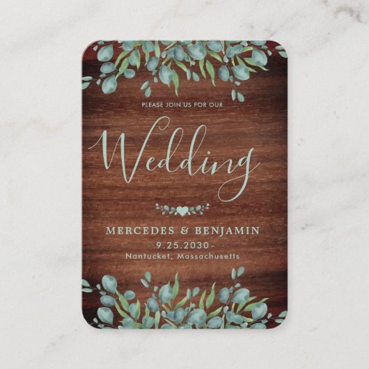 Eucalyptus Rustic Wood QR Code Weddenschap Visitekaartje (Voorkant)