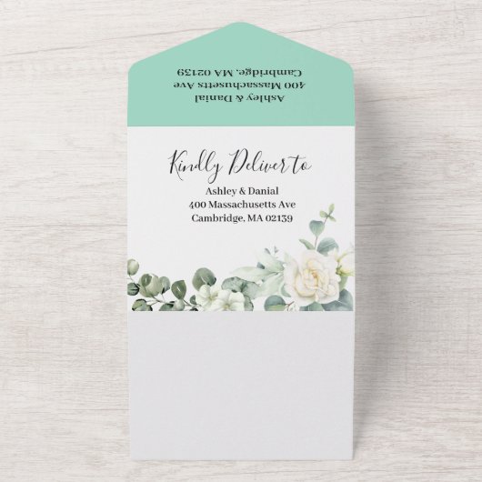 Eucalyptus rustiek groen bruiloft all in one uitnodiging (Buitenkant)