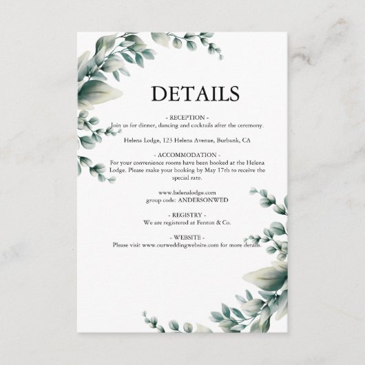 Eucalyptus rustiek groen bruiloft informatiekaartje (Voorkant)