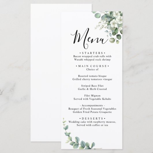 Eucalyptus rustiek groen bruiloft menu (Voorkant / Achterkant)