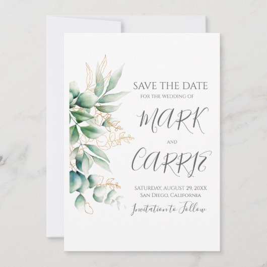 Eucalyptus rustiek groen bruiloft save the date (Voorkant)
