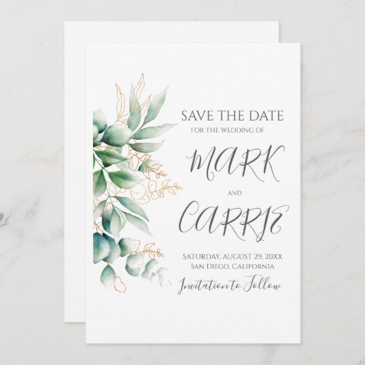 Eucalyptus rustiek groen bruiloft save the date (Voorkant / Achterkant)