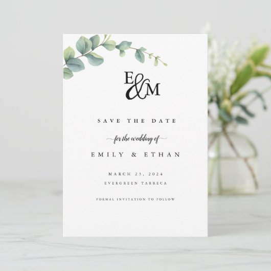 Eucalyptus rustiek groen bruiloft save the date (Staand voorkant)