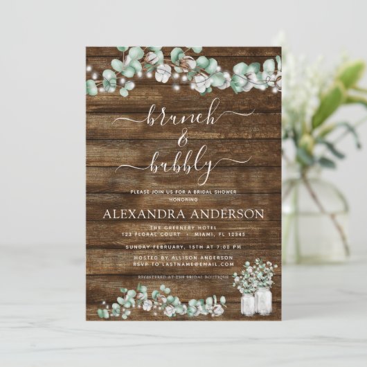 Eucalyptus rustiek hout brunch & bubble verlichtin kaart (Staand voorkant)