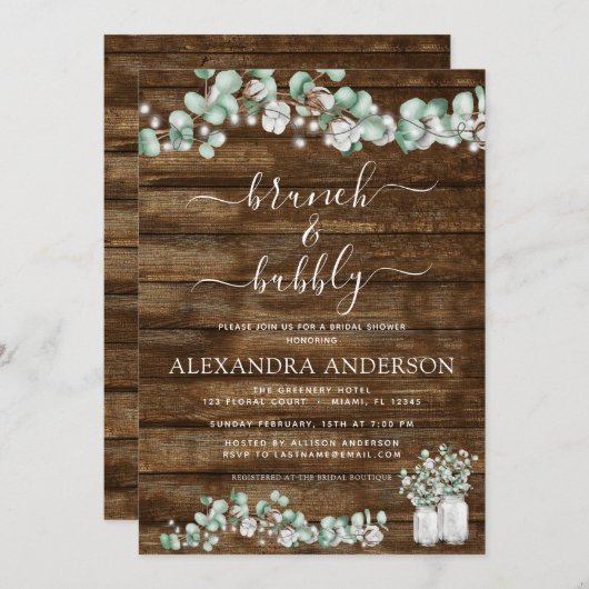 Eucalyptus rustiek hout brunch & bubble verlichtin kaart (Voorkant / Achterkant)