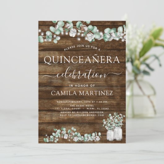Eucalyptus rustiek hout quinceanera viering kaart (Staand voorkant)