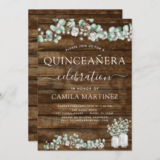 Eucalyptus rustiek hout quinceanera viering kaart (Voorkant / Achterkant)