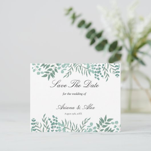 Eucalyptus rustieke groen bruiloft save the date briefkaart (Staand voorkant)