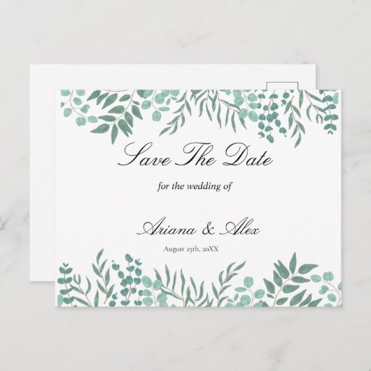 Eucalyptus rustieke groen bruiloft save the date briefkaart (Voorkant / Achterkant)