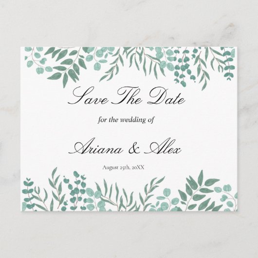 Eucalyptus rustieke groen bruiloft save the date briefkaart (Voorkant)