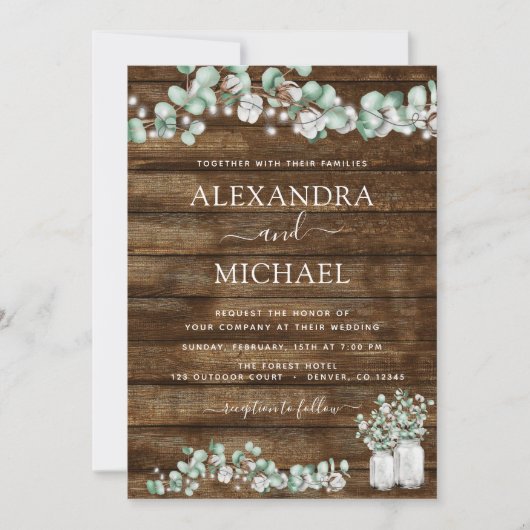 Eucalyptus rustieke hout bruiloft verlichting pot kaart (Voorkant)