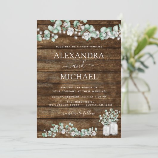 Eucalyptus rustieke hout bruiloft verlichting pot kaart (Staand voorkant)