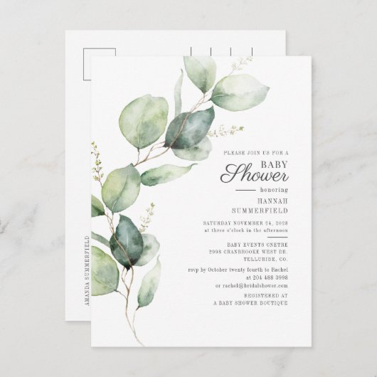 Eucalyptus Rustisch Succulent Botanisch Baby showe Uitnodiging Briefkaart (Voorkant / Achterkant)