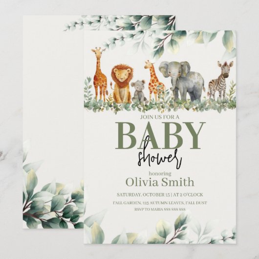 eucalyptus safari animals-baby shower kaart (Voorkant / Achterkant)
