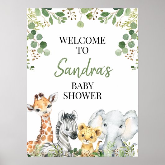 Eucalyptus Safari Animals Baby shower Welkomstbord Poster (Voorkant)