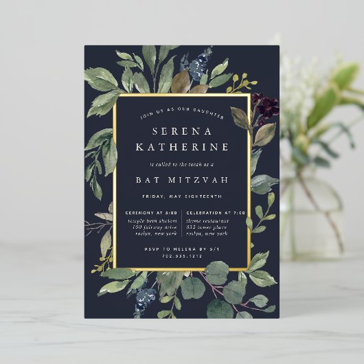 Eucalyptus & Sage Bat Mitzvah Folie Uitnodiging (Staand Voorkant)