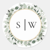 Eucalyptus Sage Bruiloft Monogram Envelop Afdichti Ronde Sticker (Voorkant)
