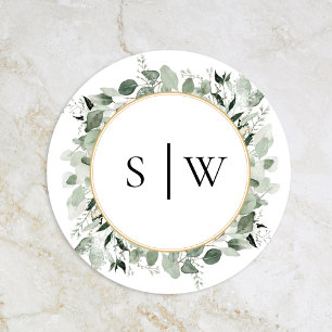 Eucalyptus Sage Bruiloft Monogram Envelop Afdichti Ronde Sticker