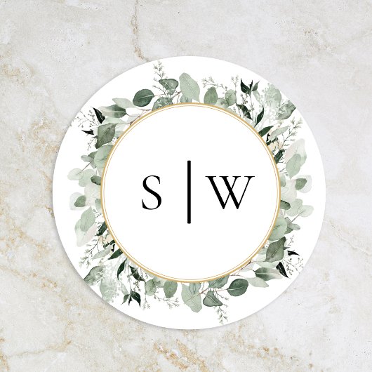 Eucalyptus Sage Bruiloft Monogram Envelop Afdichti Ronde Sticker