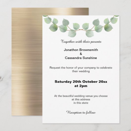 EUCALYPTUS SAGE BRUSHED GOLD WEDDING INVITATION KAART (Voorkant / Achterkant)