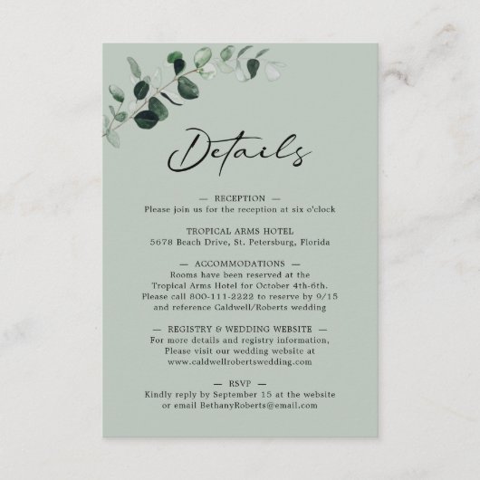 Eucalyptus Sage Calligraphy Weddenschap Details Informatiekaartje (Voorkant)