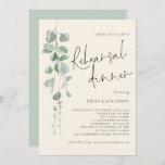 Eucalyptus Sage Cream Rehearsal Dinner Kaart<br><div class="desc">Eucalyptus Sage Cream Rehearsal Dinner Invitation. Dit moderne ontwerp heeft sage groene eucalyptusbladeren aan de linkerkant en met informeel vastgesteld manuscript voor het Dinner van de repetitie. De rest van de typografie kunt u gemakkelijk personaliseren. Er is een ivoorachtergrond aan de voorkant en sage groen aan de achterkant. U kunt...</div>