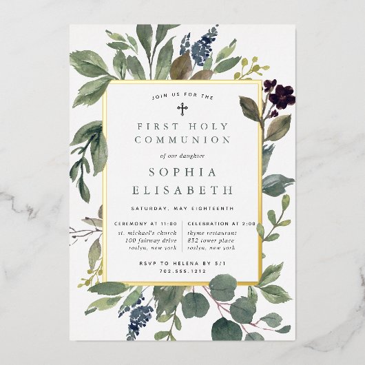 Eucalyptus & Sage First Heilige Communie Folie Uitnodiging (Voorkant)