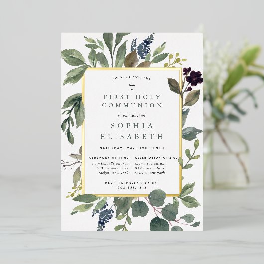 Eucalyptus & Sage First Heilige Communie Folie Uitnodiging (Staand Voorkant)