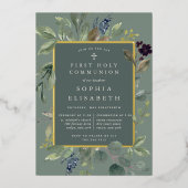 Eucalyptus & Sage First Heilige Communie Folie Uitnodiging (Voorkant)