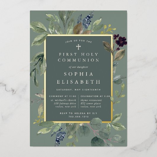 Eucalyptus & Sage First Heilige Communie Folie Uitnodiging (Voorkant)