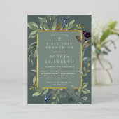 Eucalyptus & Sage First Heilige Communie Folie Uitnodiging (Staand Voorkant)