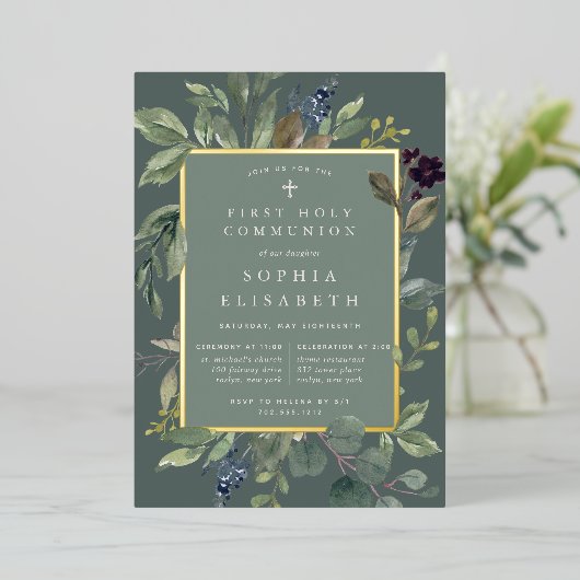 Eucalyptus & Sage First Heilige Communie Folie Uitnodiging (Staand Voorkant)