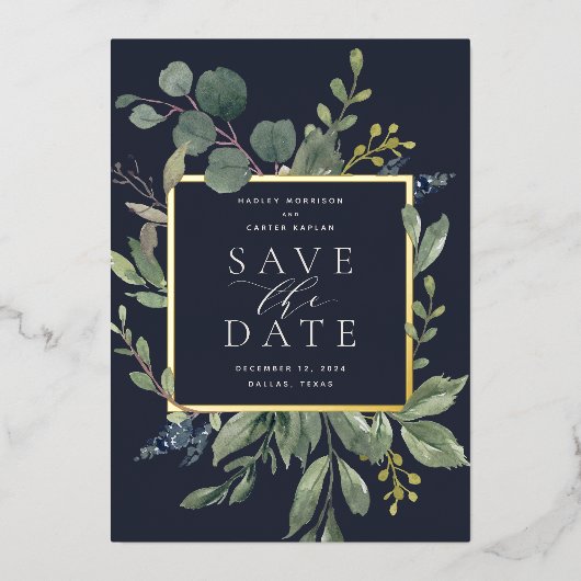 Eucalyptus & Sage-Folie Sla de datumkaart op Folie Uitnodiging (Voorkant)