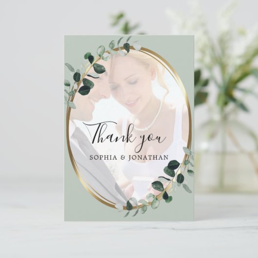 Eucalyptus Sage Foto Gold Metallic Weddenschap Bedankkaart (Staand voorkant)