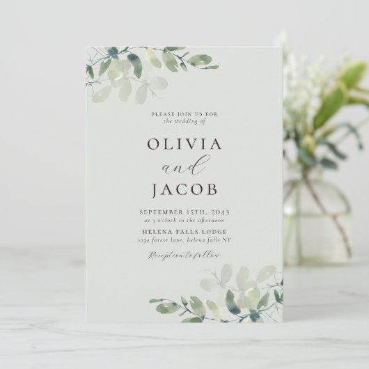 Eucalyptus Sage Green All-in-One Weddenschap Kaart (Staand voorkant)