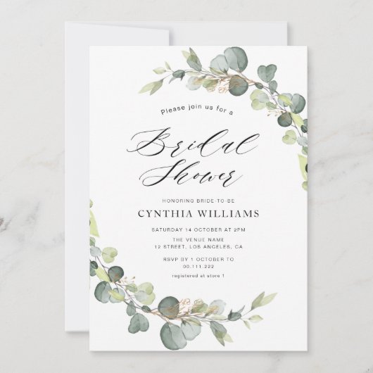 eucalyptus sage green bridal - doucheuitnodiging kaart (Voorkant)