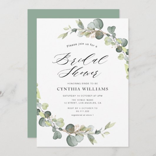 eucalyptus sage green bridal - doucheuitnodiging kaart (Voorkant / Achterkant)