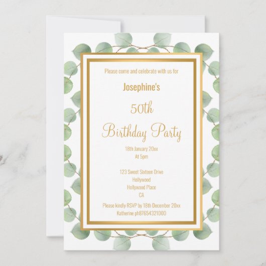 EUCALYPTUS SAGE GREEN GOLD BIRTHDAY INVITATIE KAART (Voorkant)