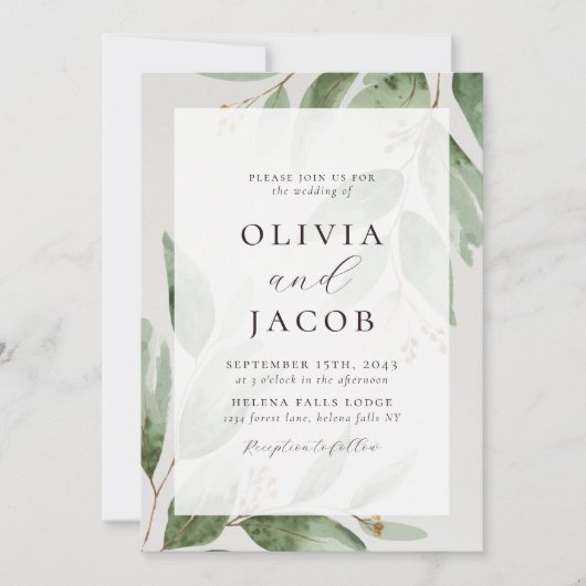 Eucalyptus Sage Green Gold Wedding Kaart (Voorkant)