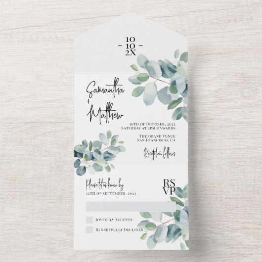Eucalyptus Sage Green Lente Zomer Huwelijk All In One Uitnodiging (Binnen)
