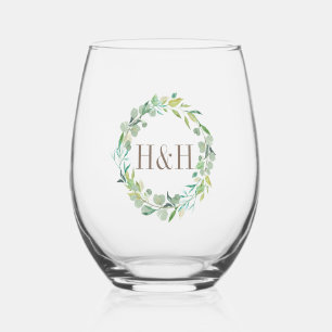 Eucalyptus Sage Green Waterverf Floral Monogram Wijnglas Zonder Voet