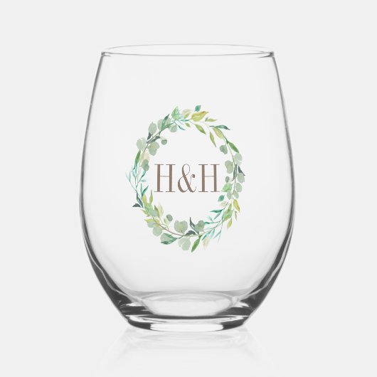 Eucalyptus Sage Green Waterverf Floral Monogram Wijnglas Zonder Voet (Voorkant)