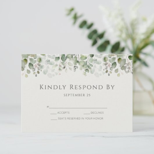 Eucalyptus Sage Green Wedding RSVP Kaartje (Staand voorkant)