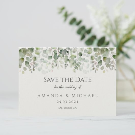 Eucalyptus Sage Green Wedding Save The Date (Staand voorkant)