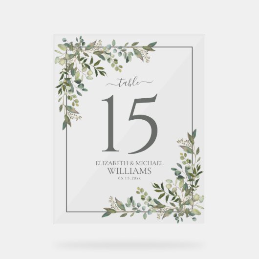 Eucalyptus Sage Green Wedtable Number Acryl Bord (Voorkant)