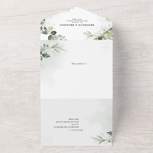 Eucalyptus Sage Greenery Modern Geometric Wedding All In One Uitnodiging (Buitenkant)