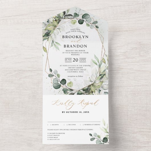 Eucalyptus Sage Greenery Modern Geometric Wedding All In One Uitnodiging (Binnen)