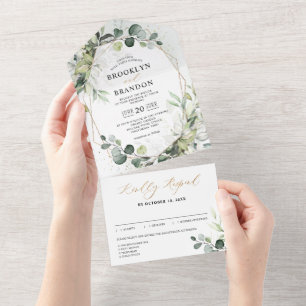 Eucalyptus Sage Greenery Modern Geometric Wedding All In One Uitnodiging