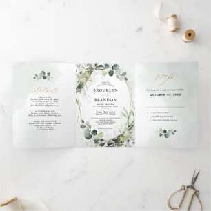 Eucalyptus Sage Greenery Modern Geometric Wedding Drieluik Aankondiging