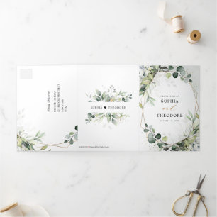 Eucalyptus Sage Greenery Modern Geometric Wedding Drieluik Aankondiging